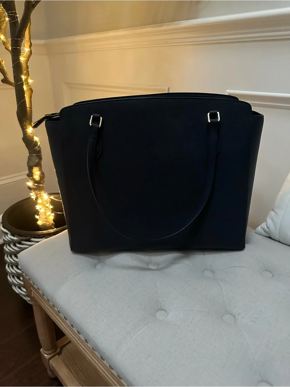 Tory Burch Navy Saffiano Leather Tote with Gold Logo